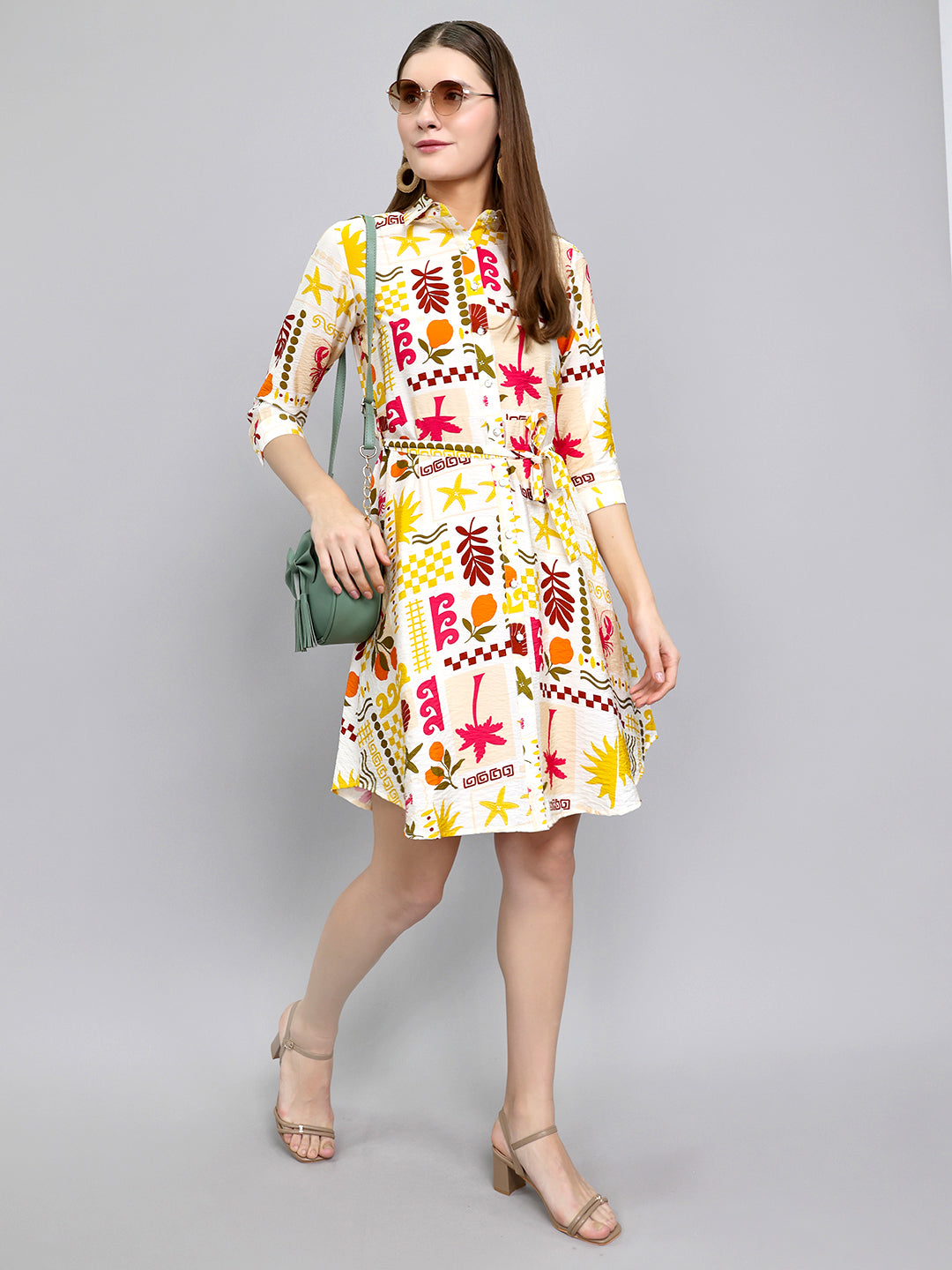 Women Yellow Printed Front Open 3/4th Sleeve Tunic