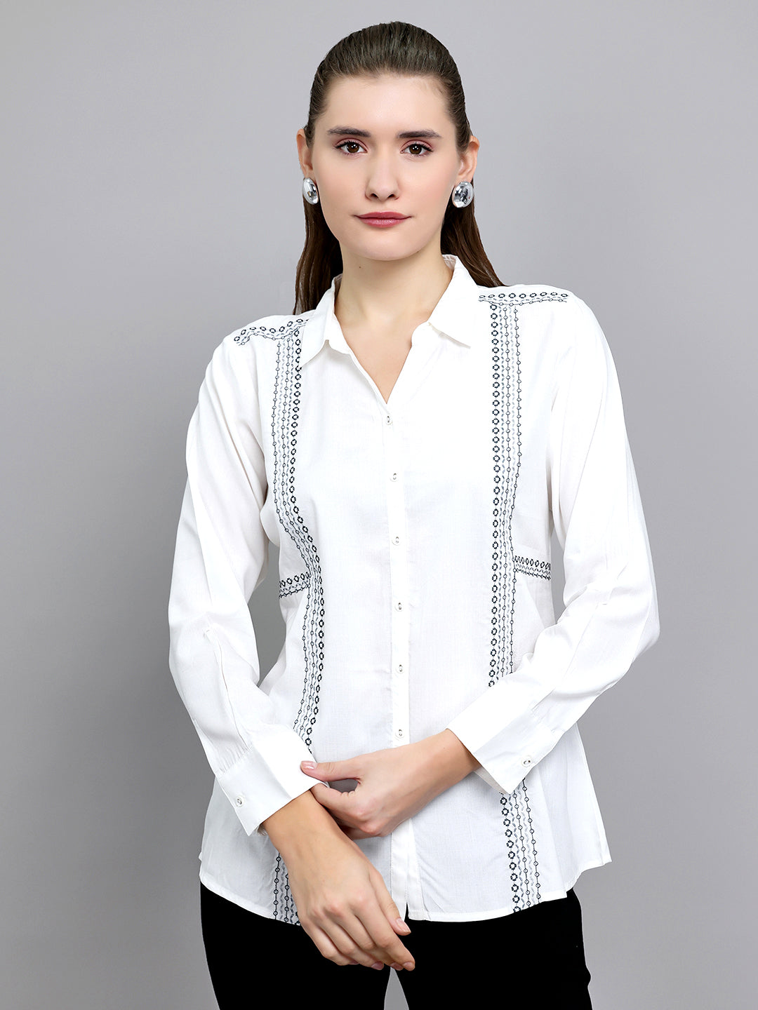 Women White Embroidered Front Open Full Sleeve Top