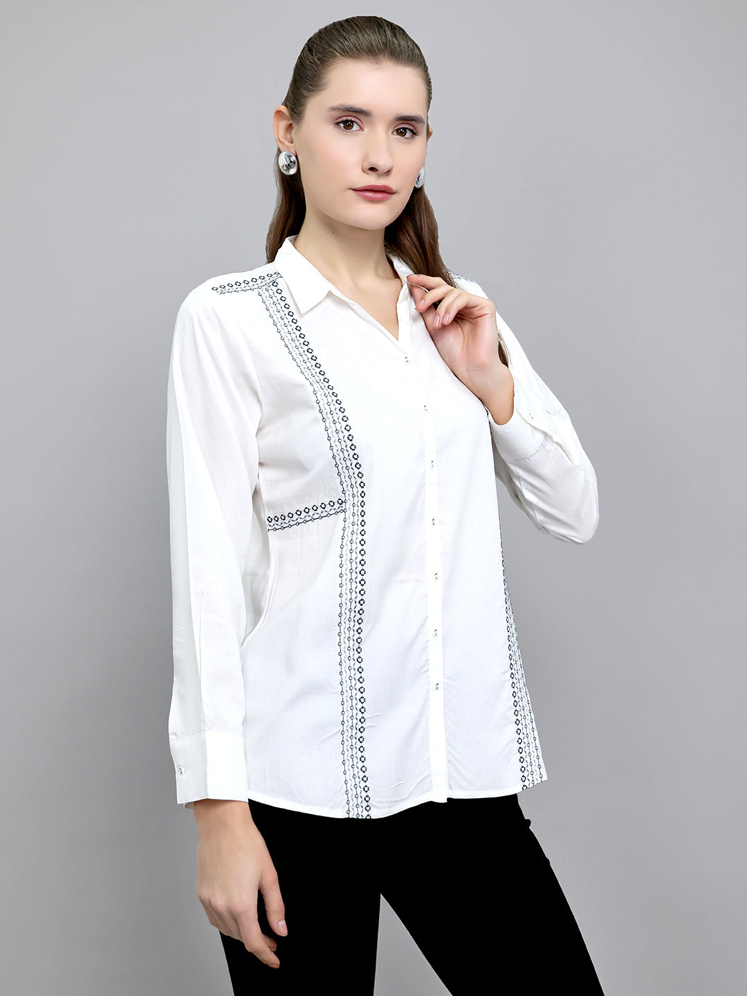 Women White Embroidered Front Open Full Sleeve Top