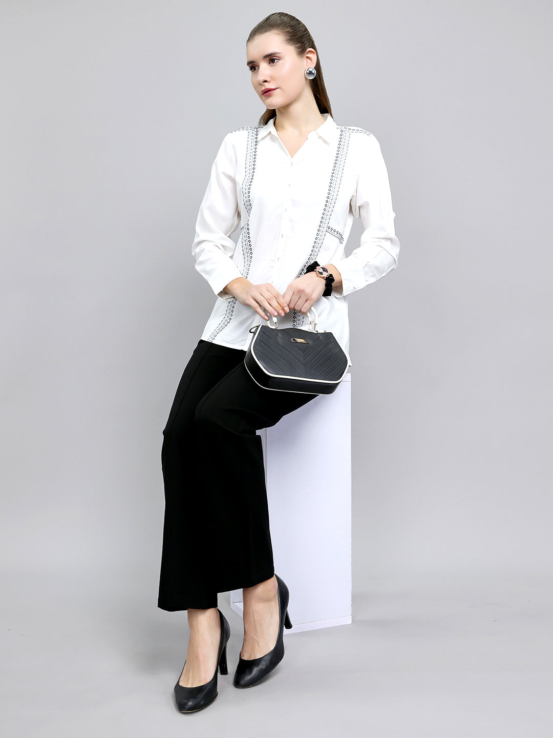 Women White Embroidered Front Open Full Sleeve Top