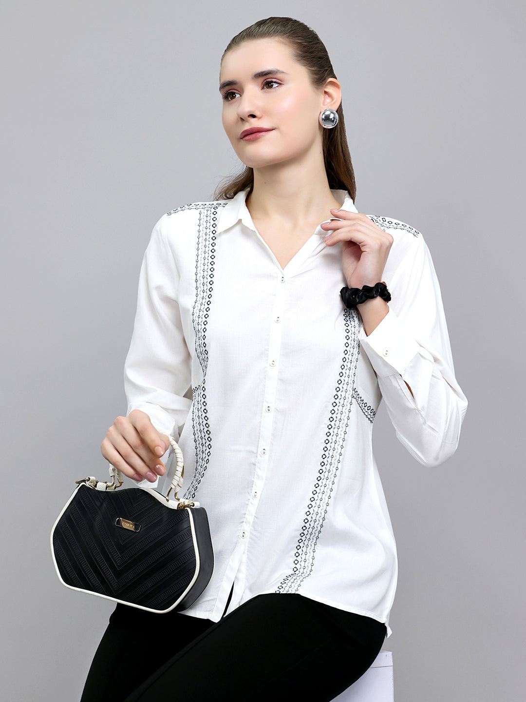 Women White Embroidered Front Open Full Sleeve Top
