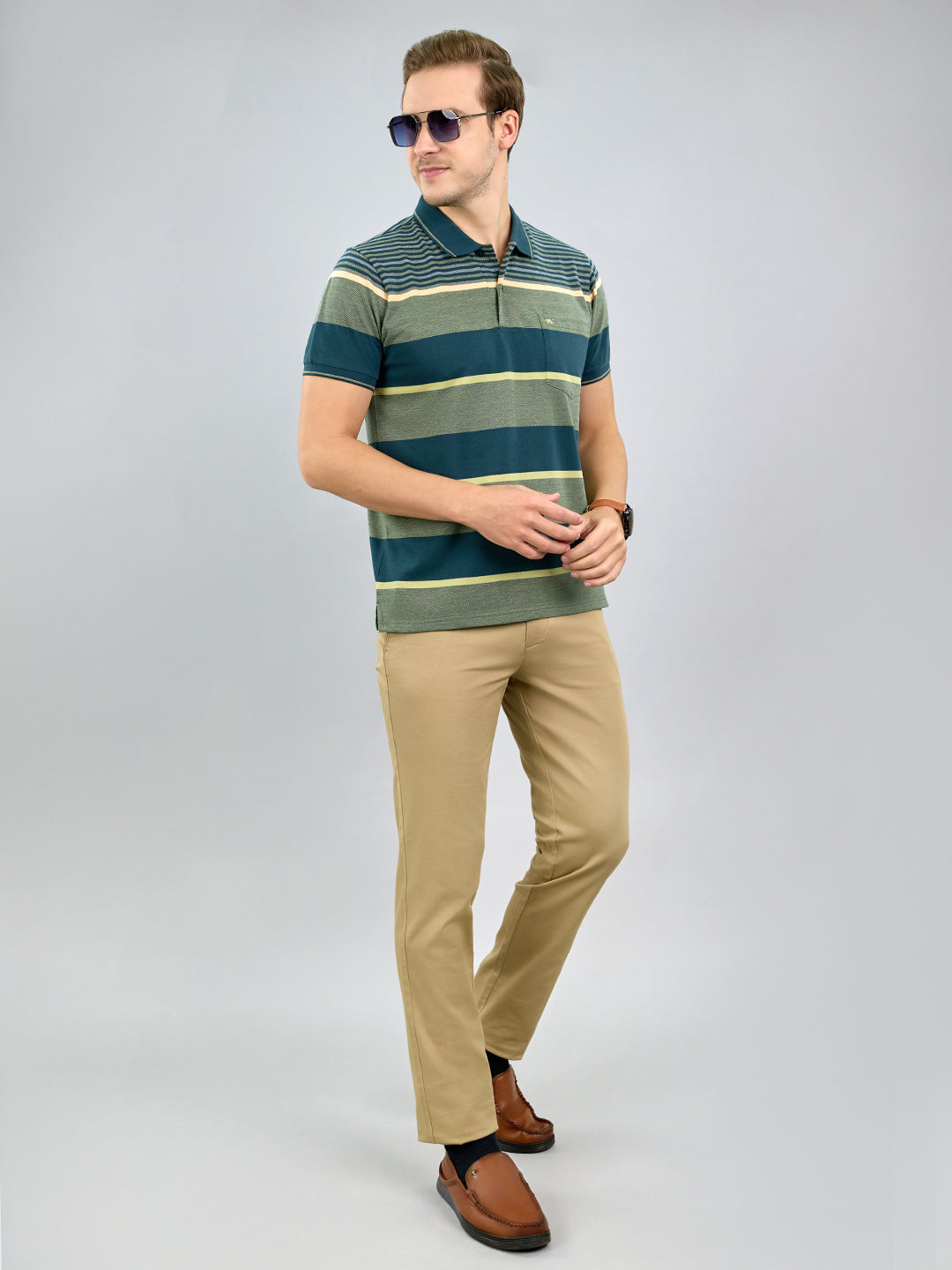 Men Green Stripe Polo Collar Half Sleeve T-Shirt