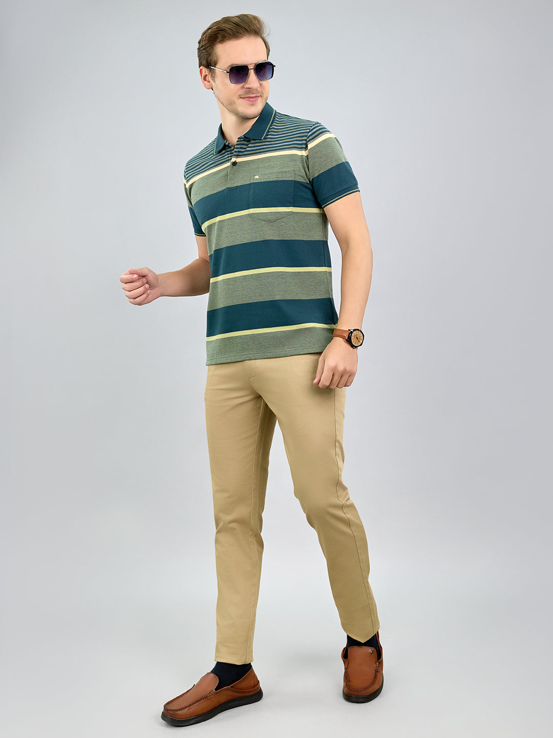 Men Green Stripe Polo Collar Half Sleeve T-Shirt