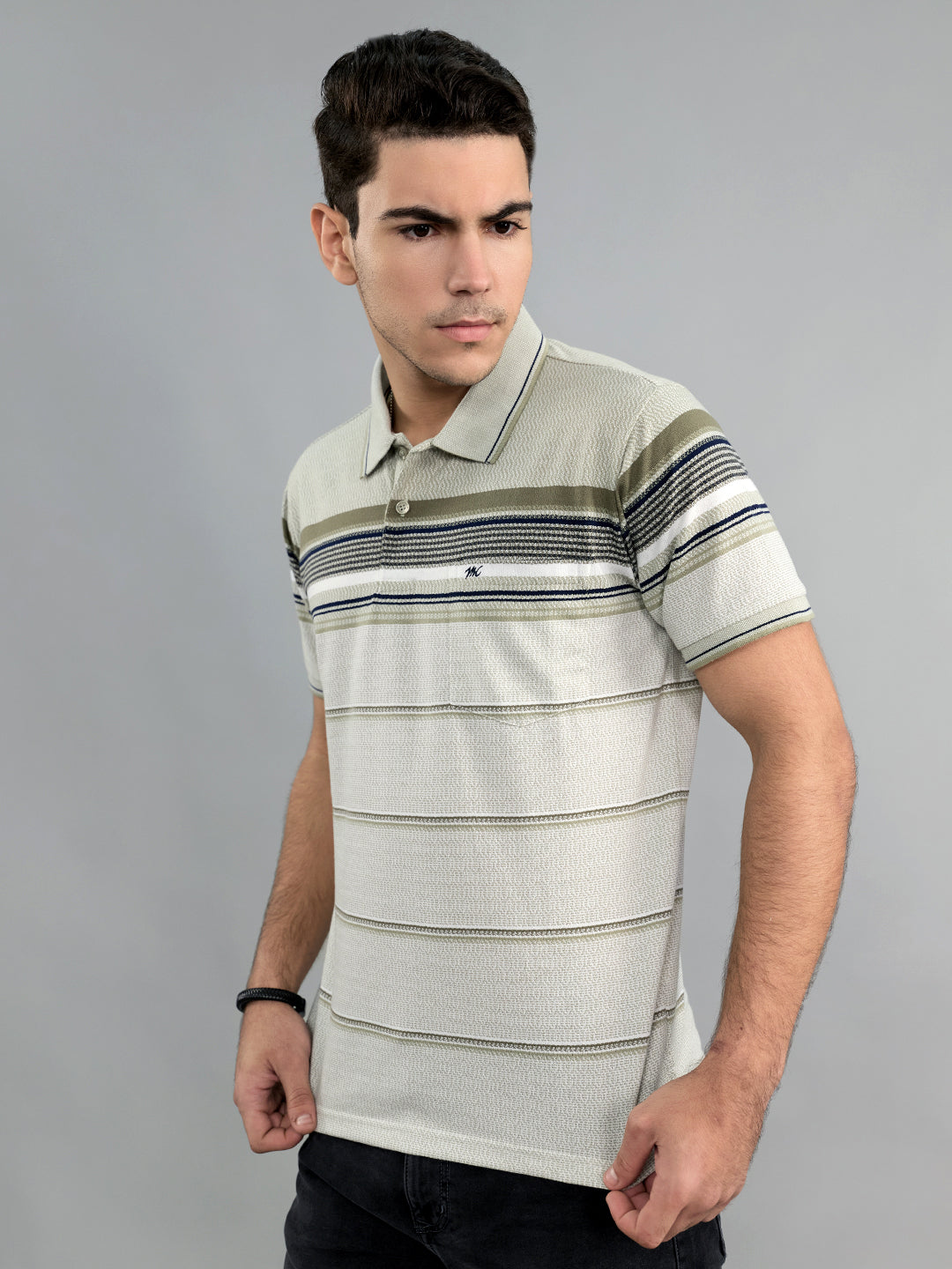 Men Olive Stripe Collar Half Sleeve T-Shirt
