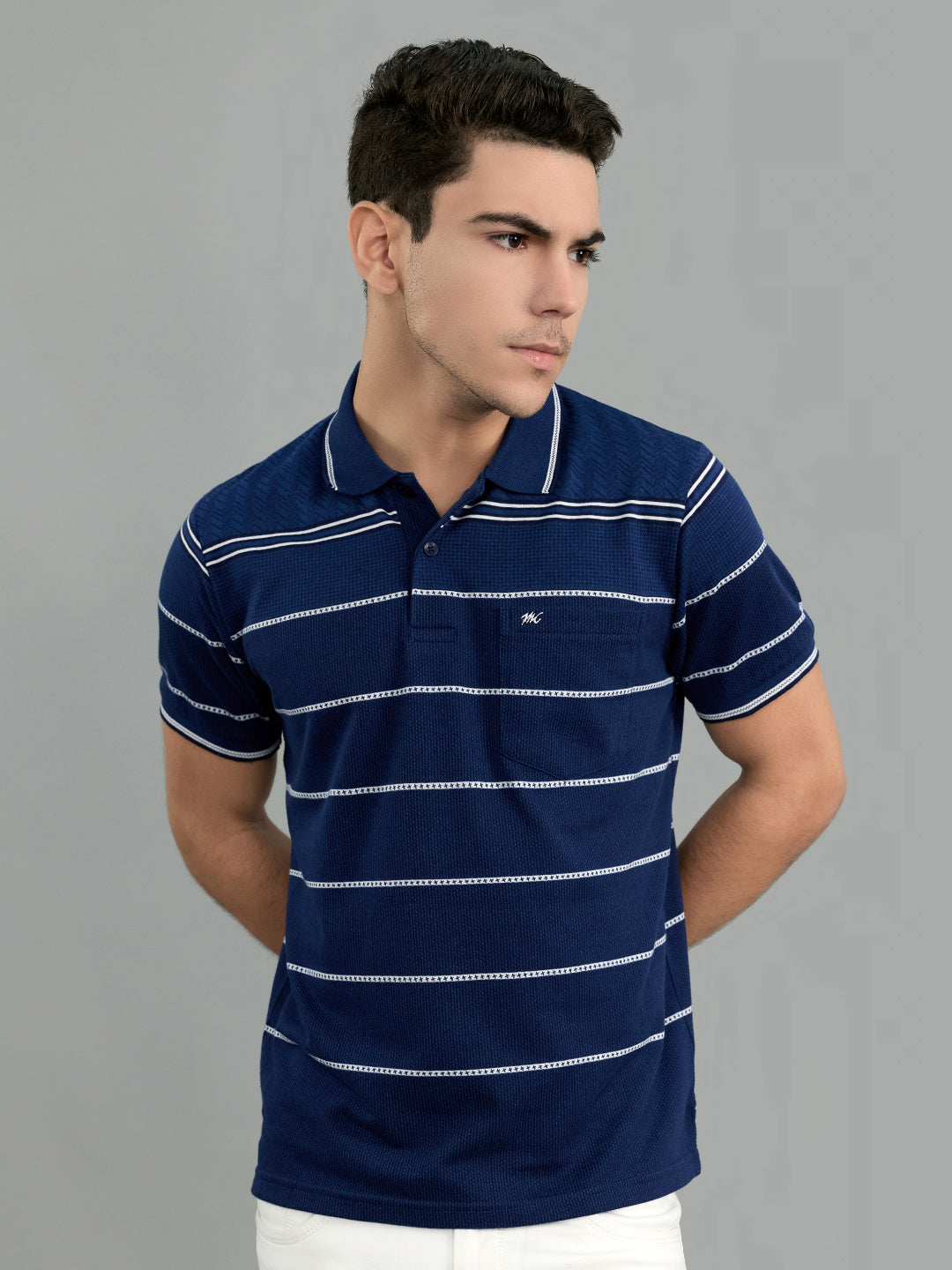 Men Navy Blue Stripe Collar Half Sleeve T-Shirt