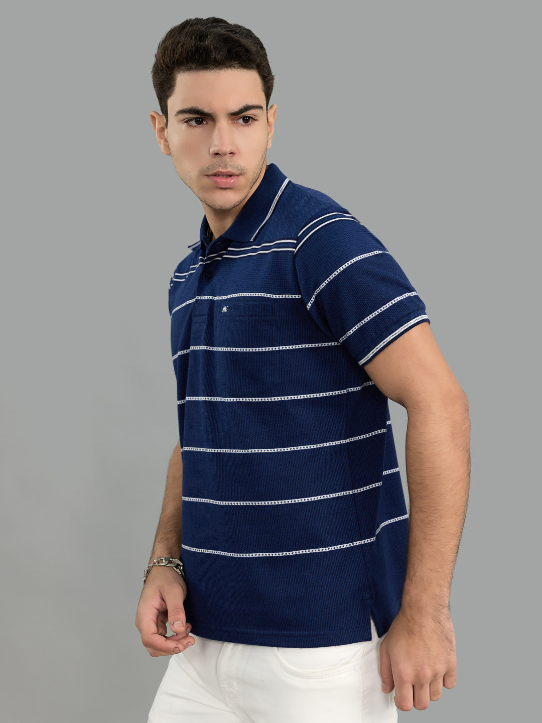 Men Navy Blue Stripe Collar Half Sleeve T-Shirt