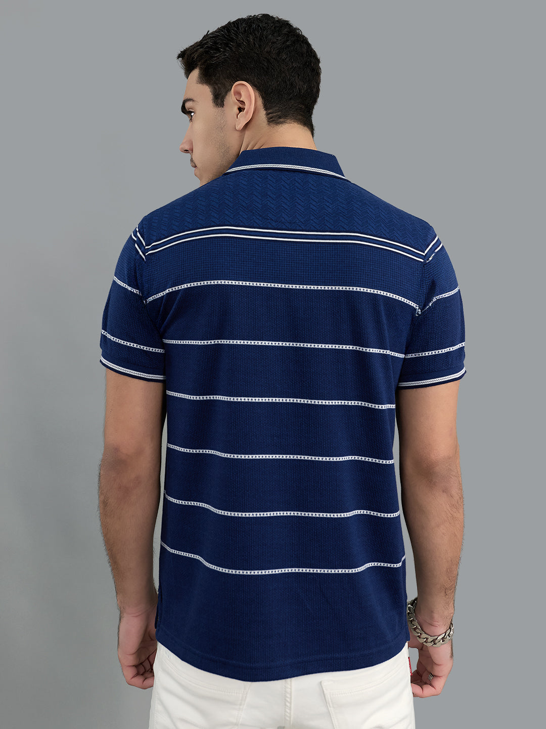 Men Navy Blue Stripe Collar Half Sleeve T-Shirt