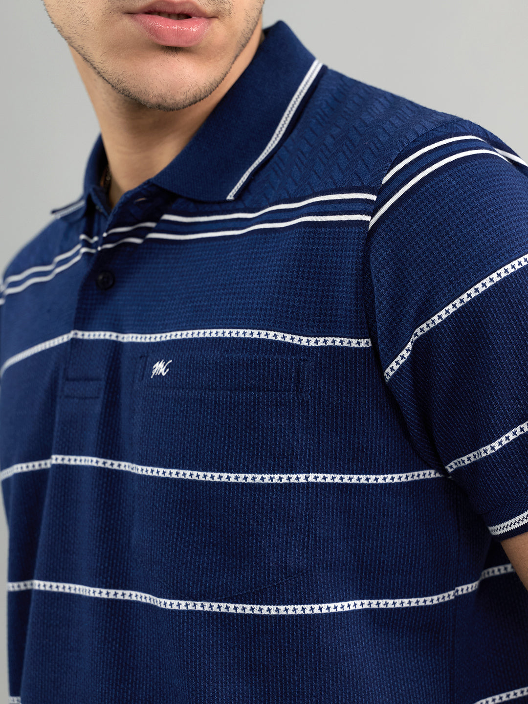 Men Navy Blue Stripe Collar Half Sleeve T-Shirt