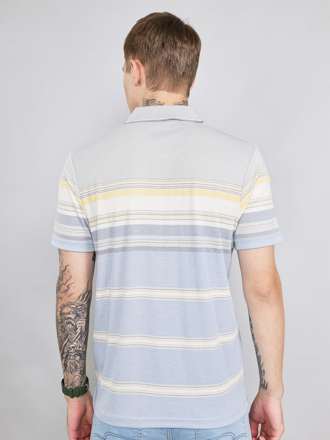 Men Grey Stripe Collar Half Sleeve T-Shirt