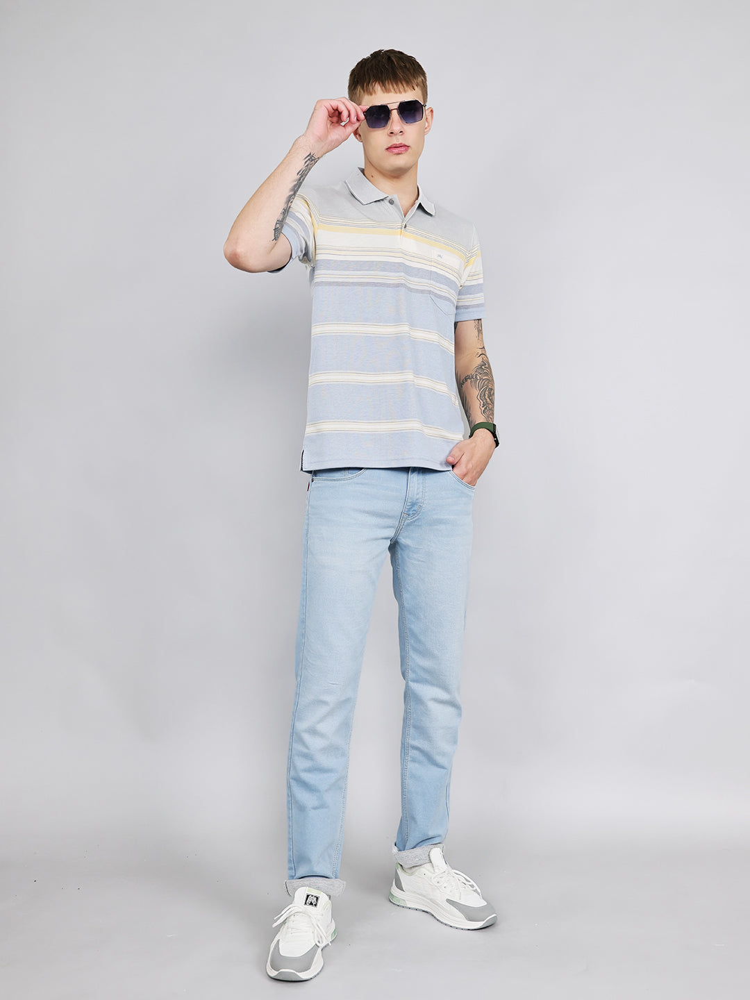 Men Grey Stripe Collar Half Sleeve T-Shirt