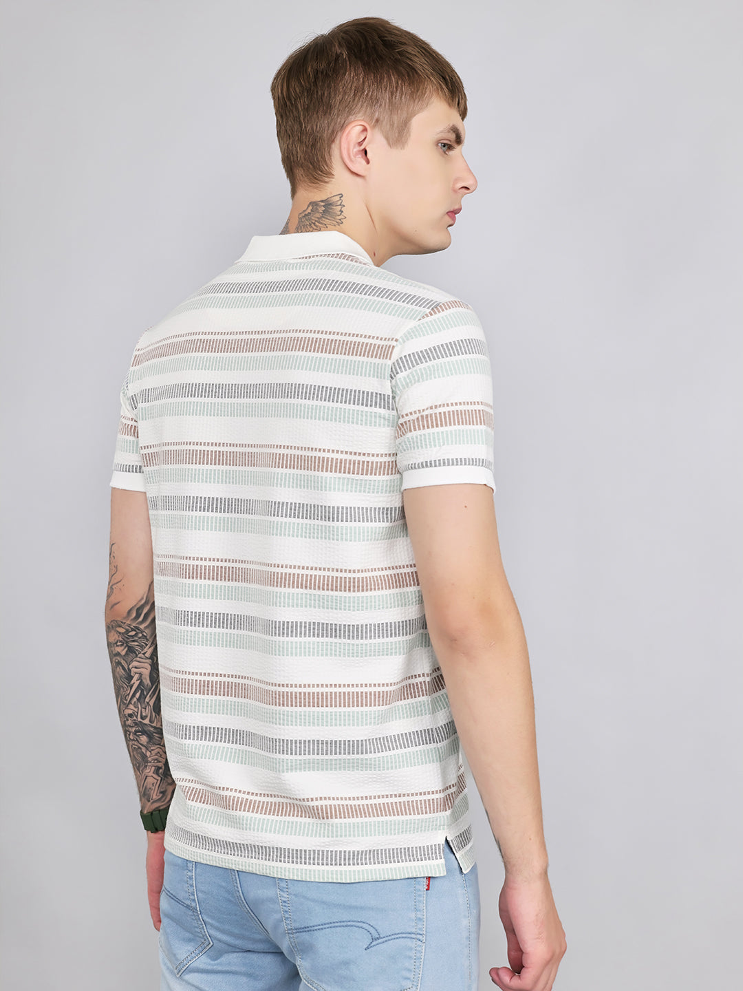 Men Sea Green Stripe Collar Half Sleeve T-Shirt