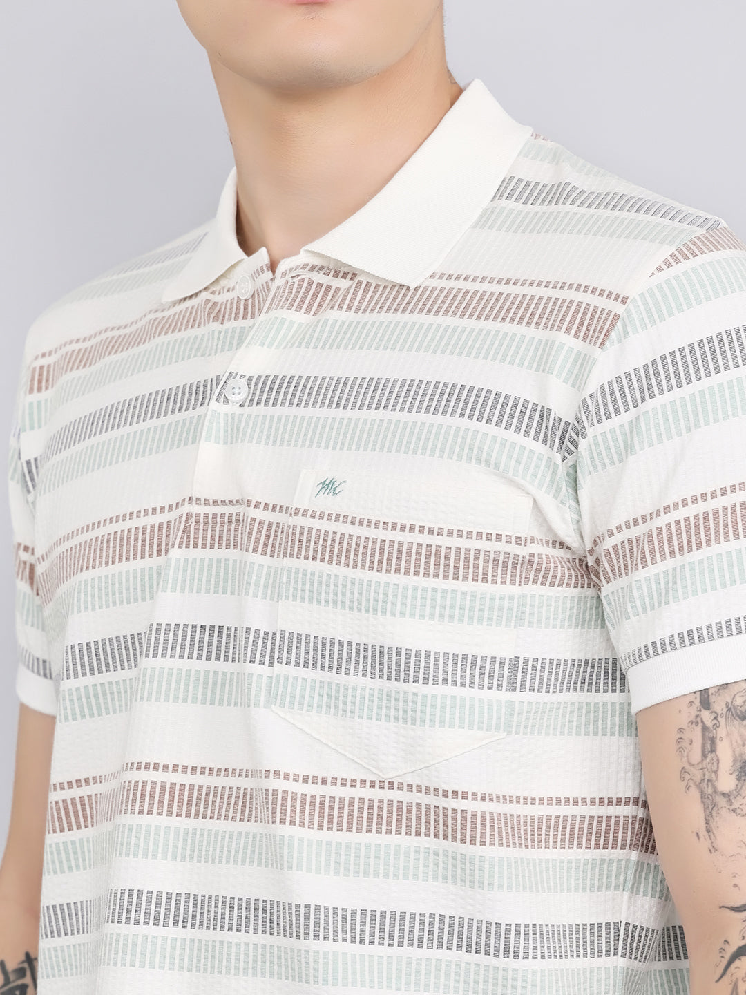 Men Sea Green Stripe Collar Half Sleeve T-Shirt