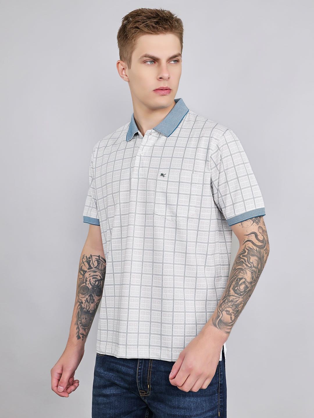 Men White Printed Collar Half Sleeve T-Shirt