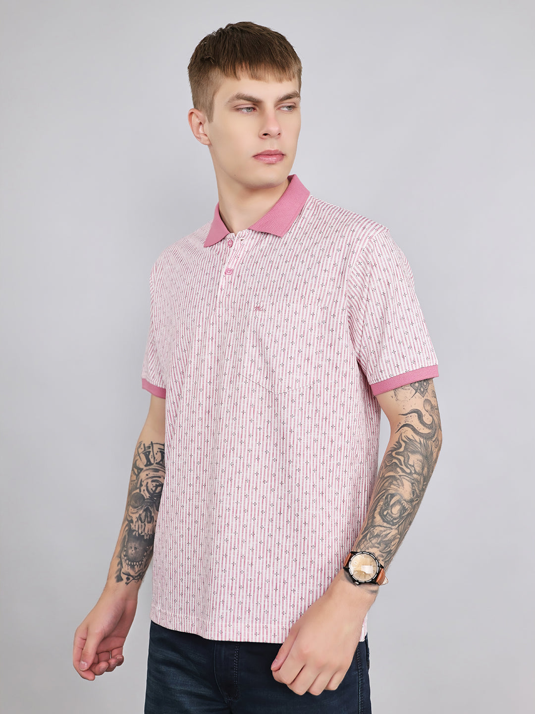 Men Pink Stripe Collar Half Sleeve T-Shirt