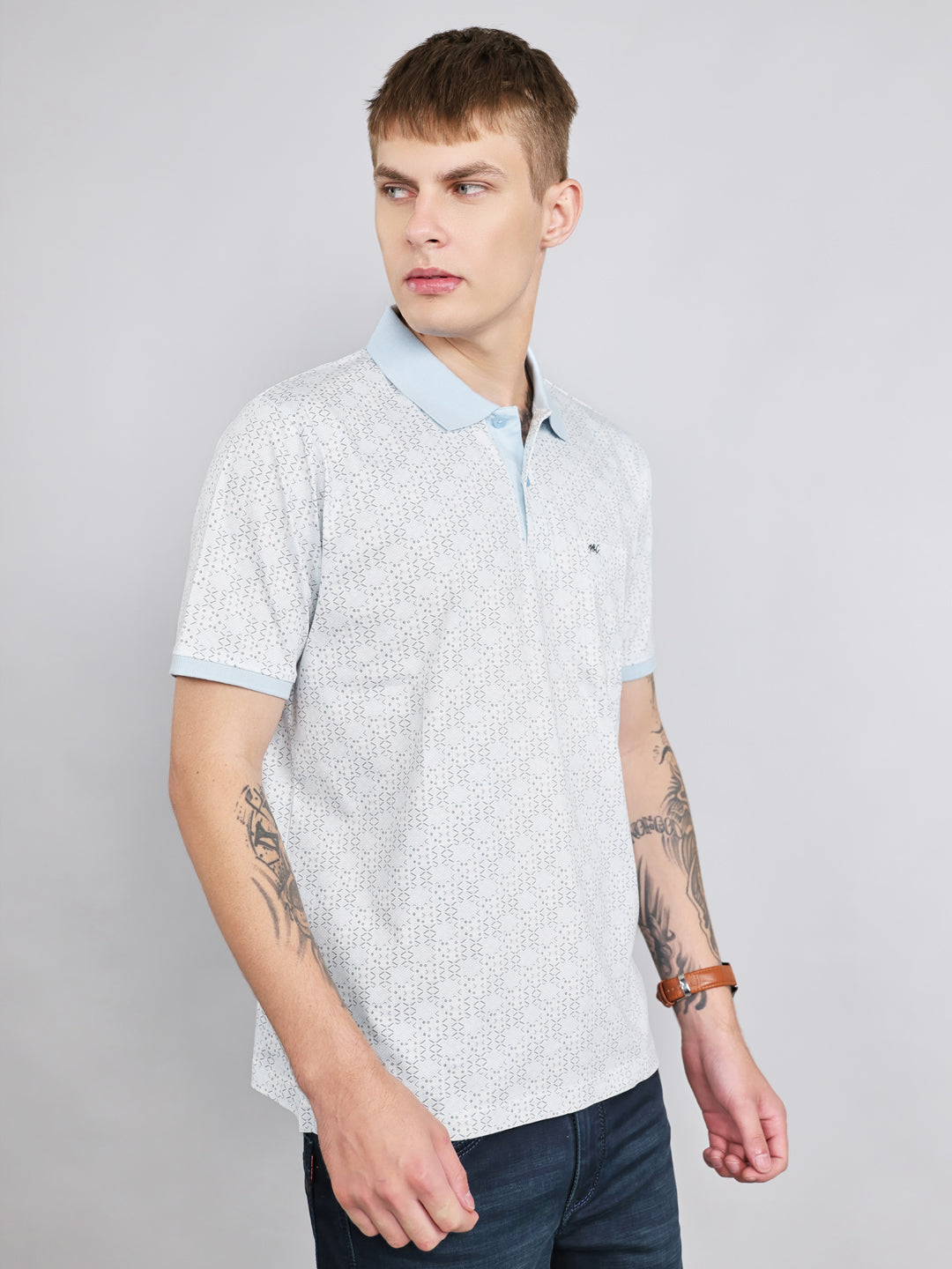 Men Sky Blue Printed Collar Half Sleeve T-Shirt