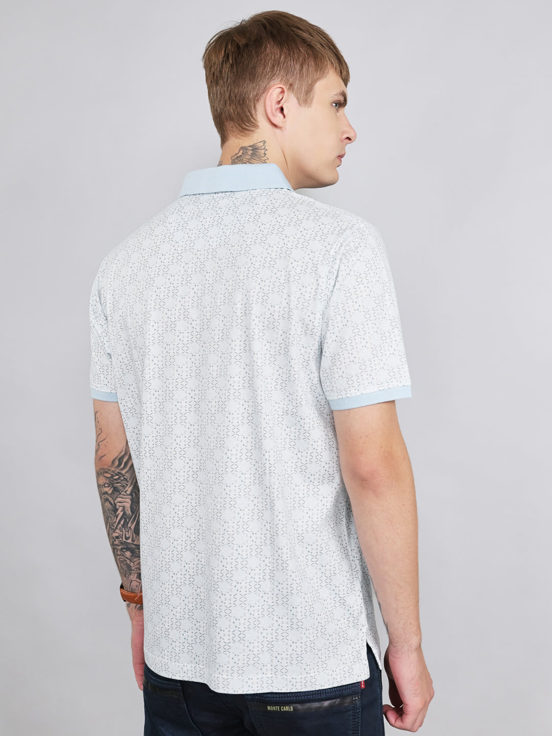 Men Sky Blue Printed Collar Half Sleeve T-Shirt