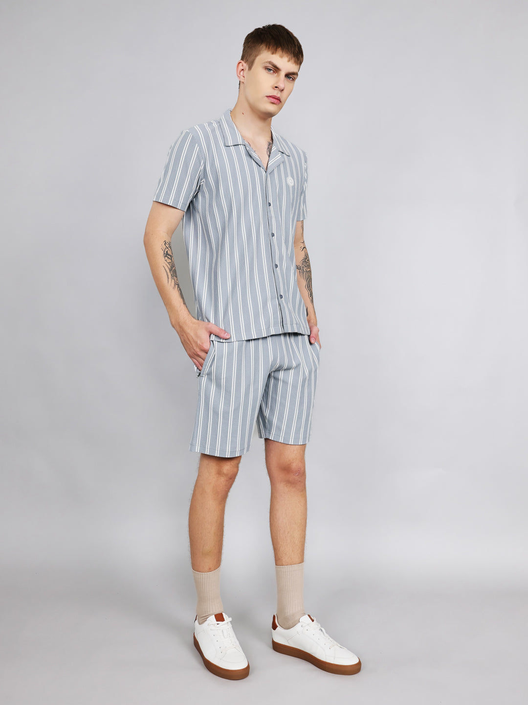Men Sky Blue Stripe Regular Fit Bermuda Set