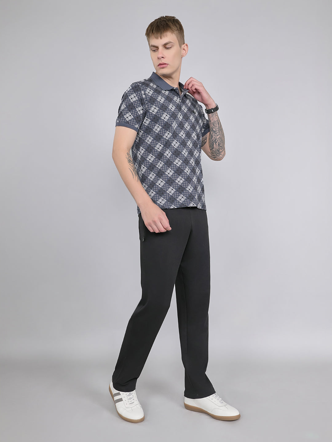 Men Grey Printed Collar Half Sleeve Lower Set