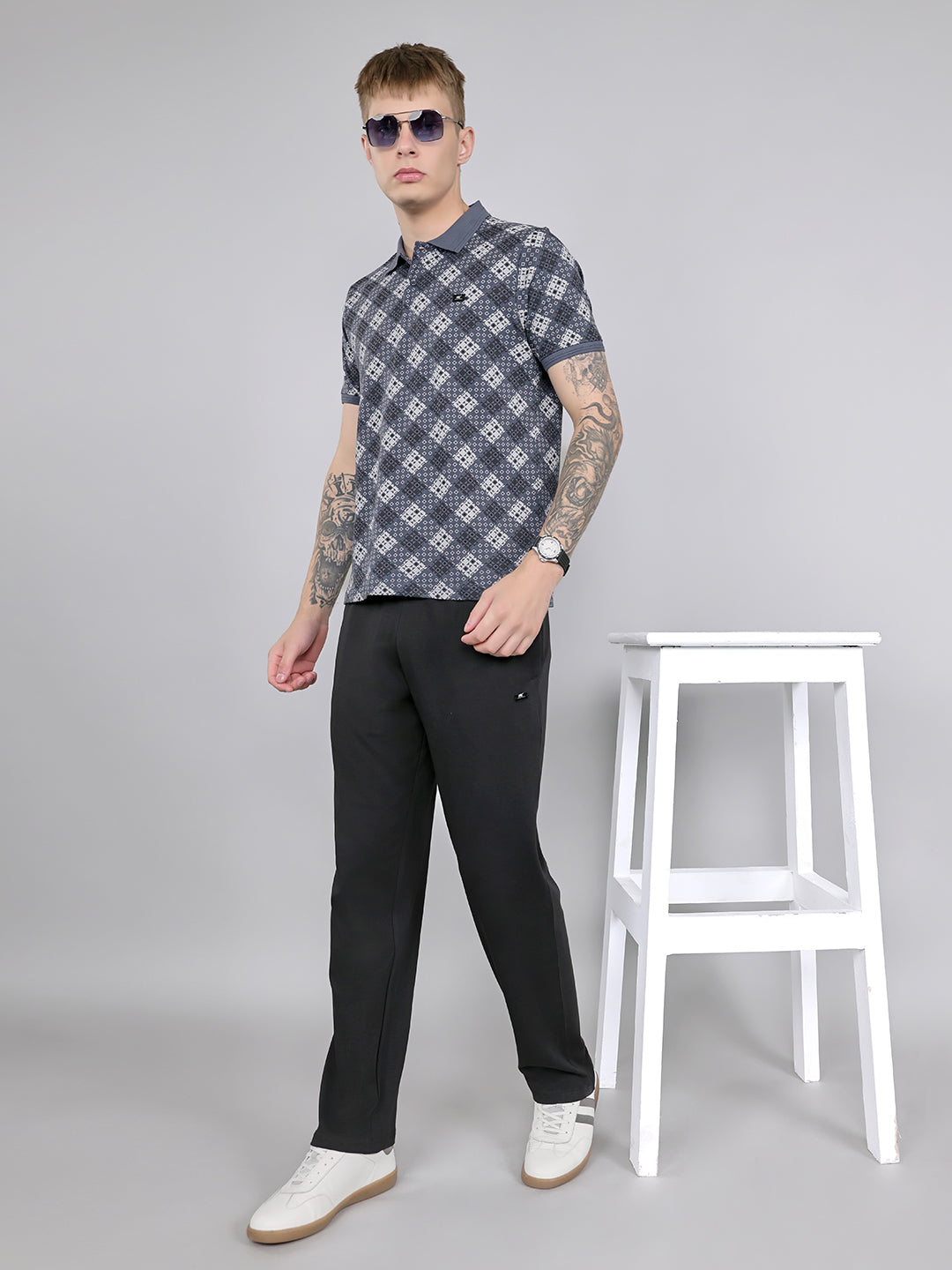 Men Grey Printed Collar Half Sleeve Lower Set