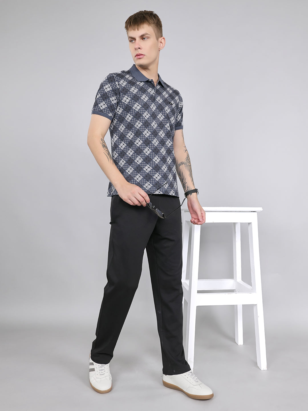 Men Grey Printed Collar Half Sleeve Lower Set