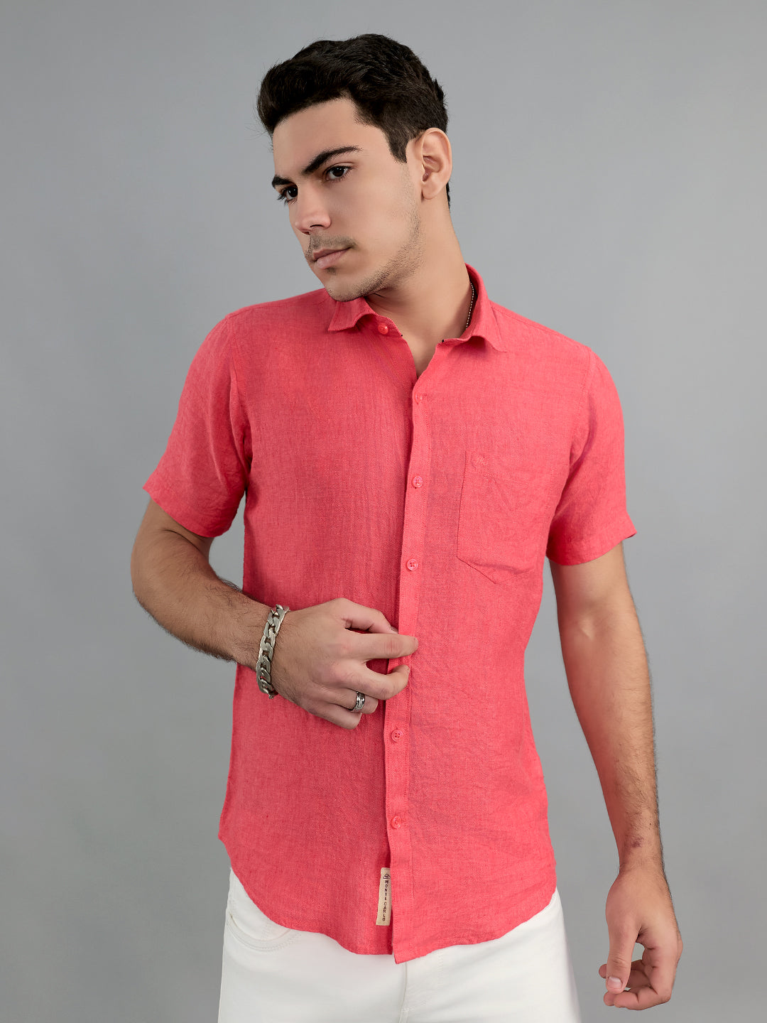 Men Coral Solid Collar Half Sleeve Shirt