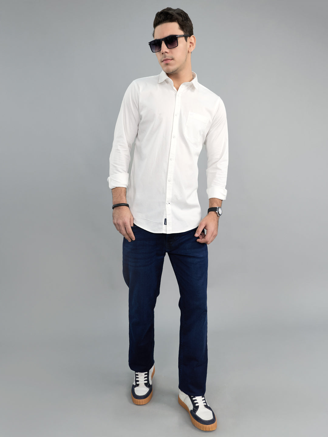 Men White Solid Collar Full Sleeve Shirt