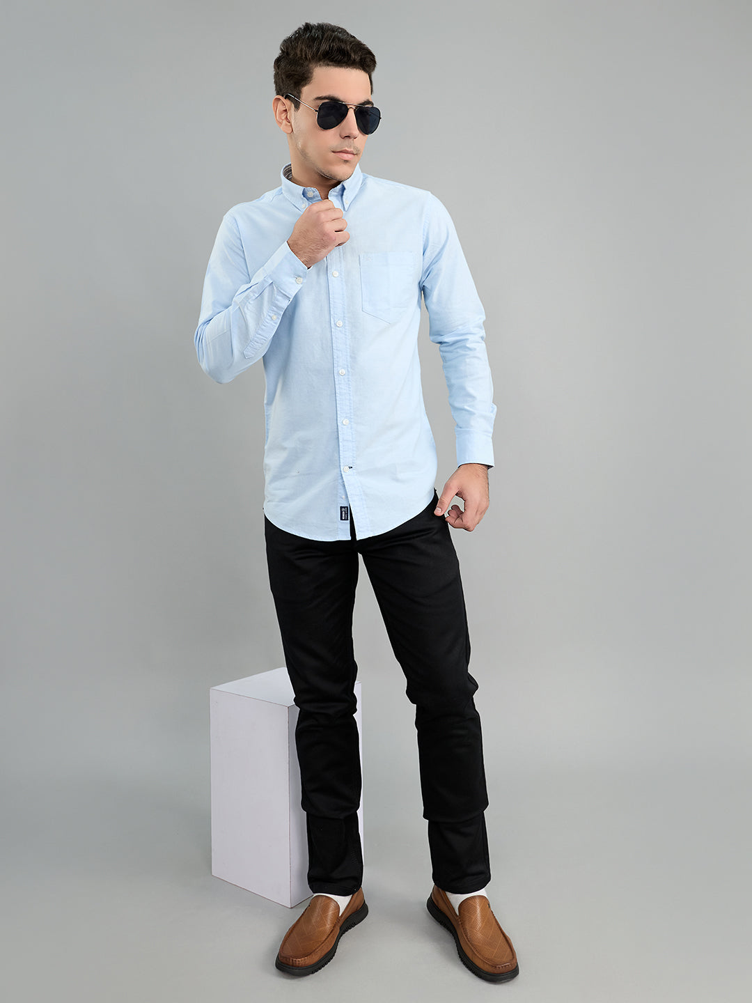 Men Sky Blue Solid Collar Full Sleeve Shirt
