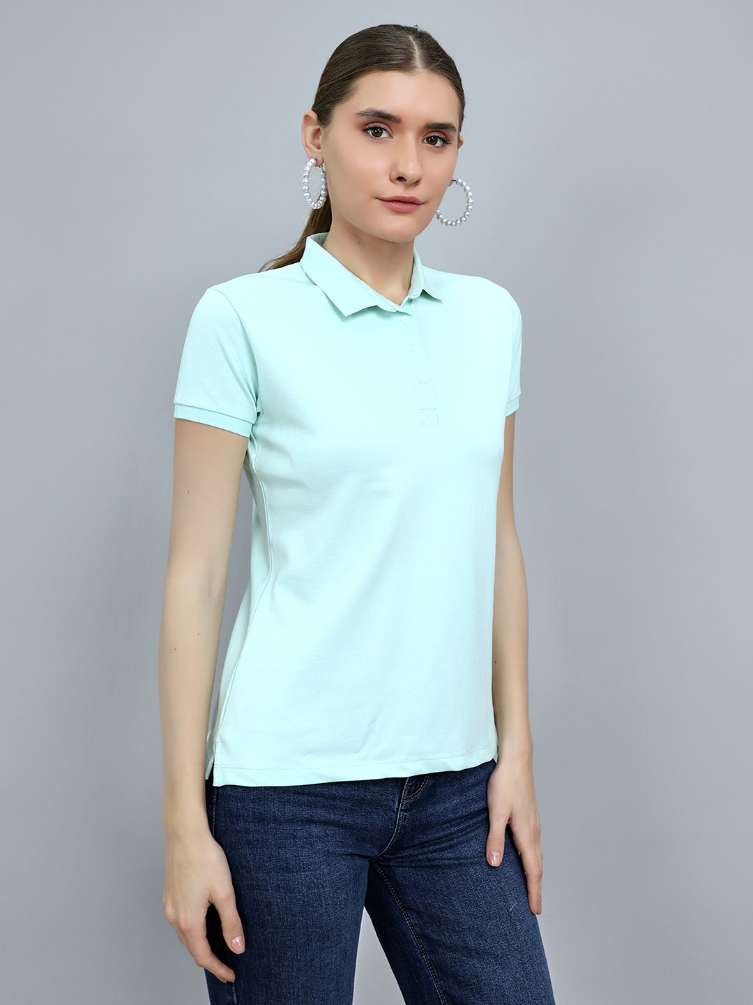 Women Light Green Solid Collar Half Sleeve T-Shirt