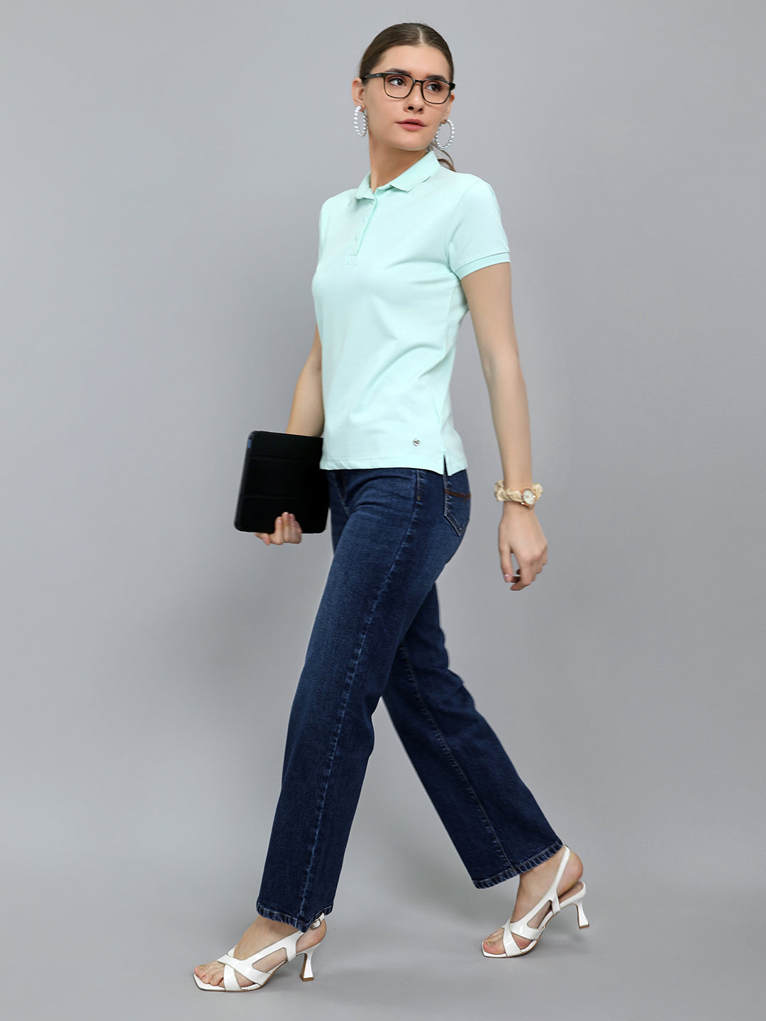Women Light Green Solid Collar Half Sleeve T-Shirt