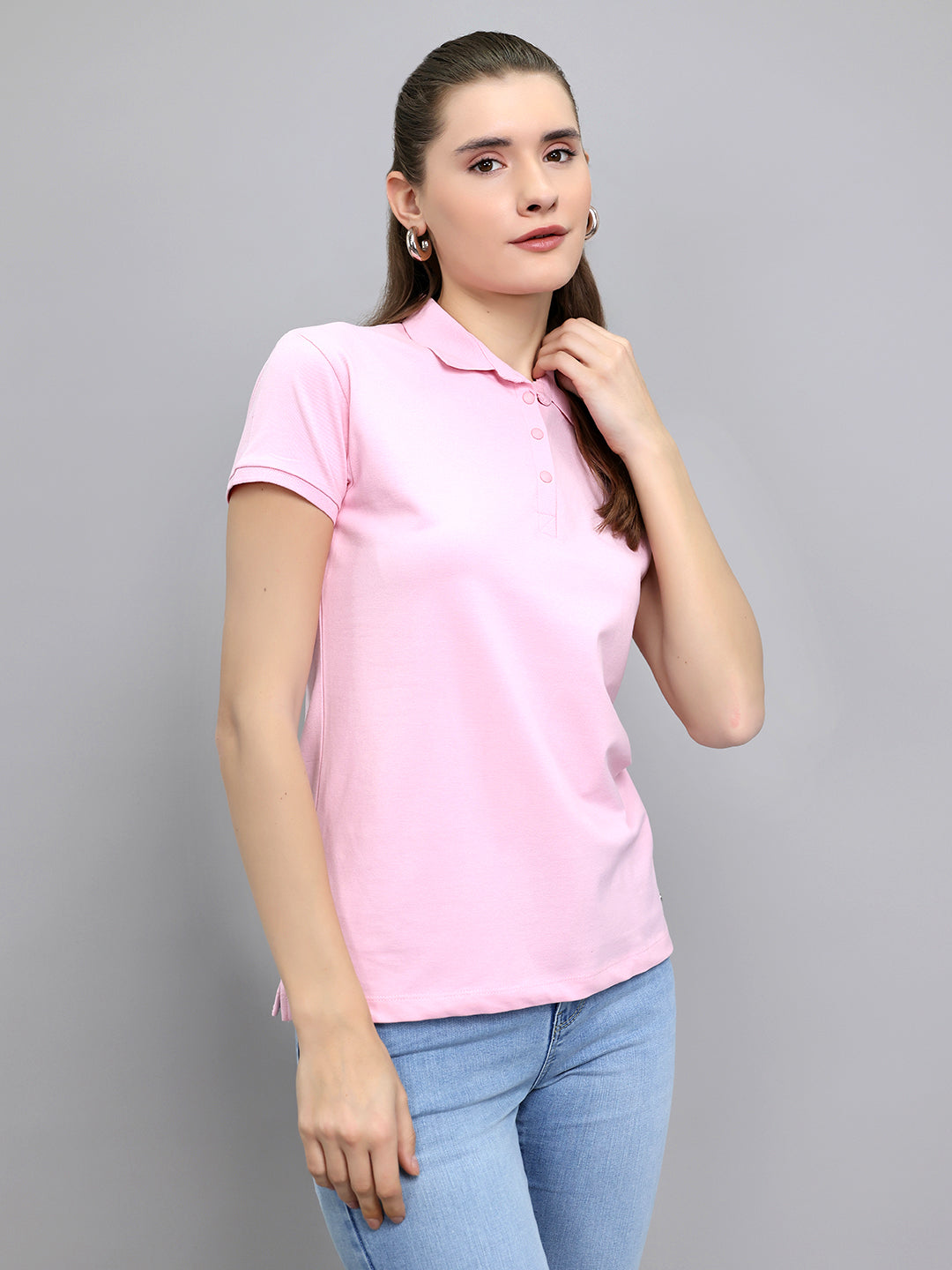 Women Pink Solid Collar Half Sleeve T-Shirt
