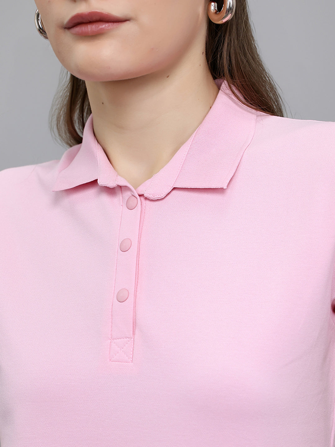 Women Pink Solid Collar Half Sleeve T-Shirt