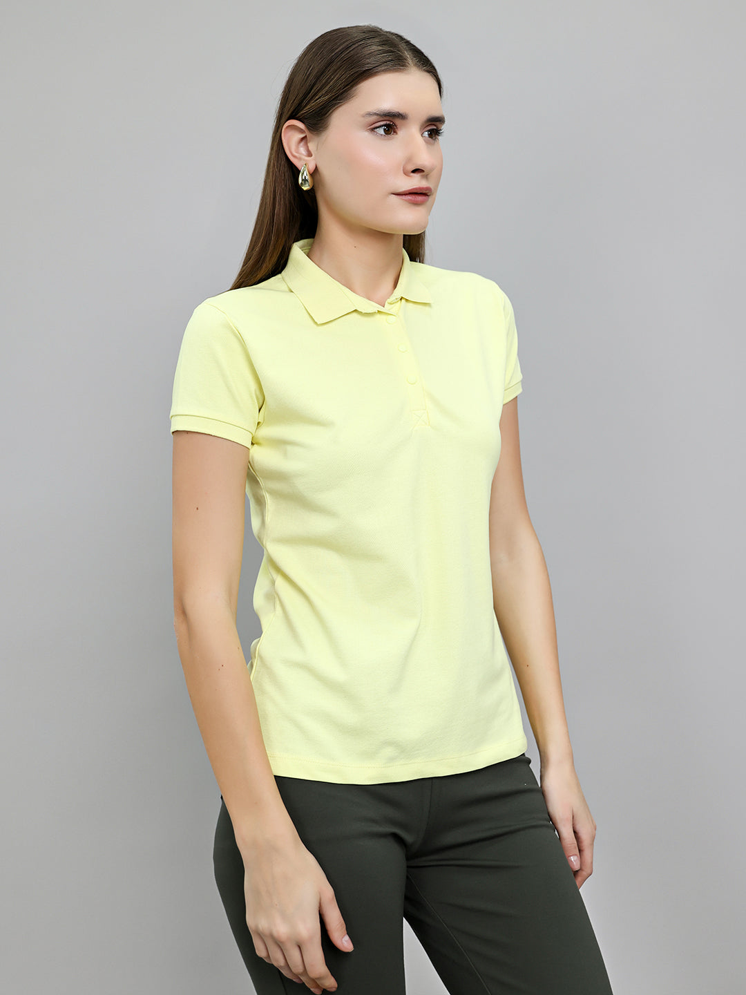 Women Yellow Solid Collar Half Sleeve T-Shirt