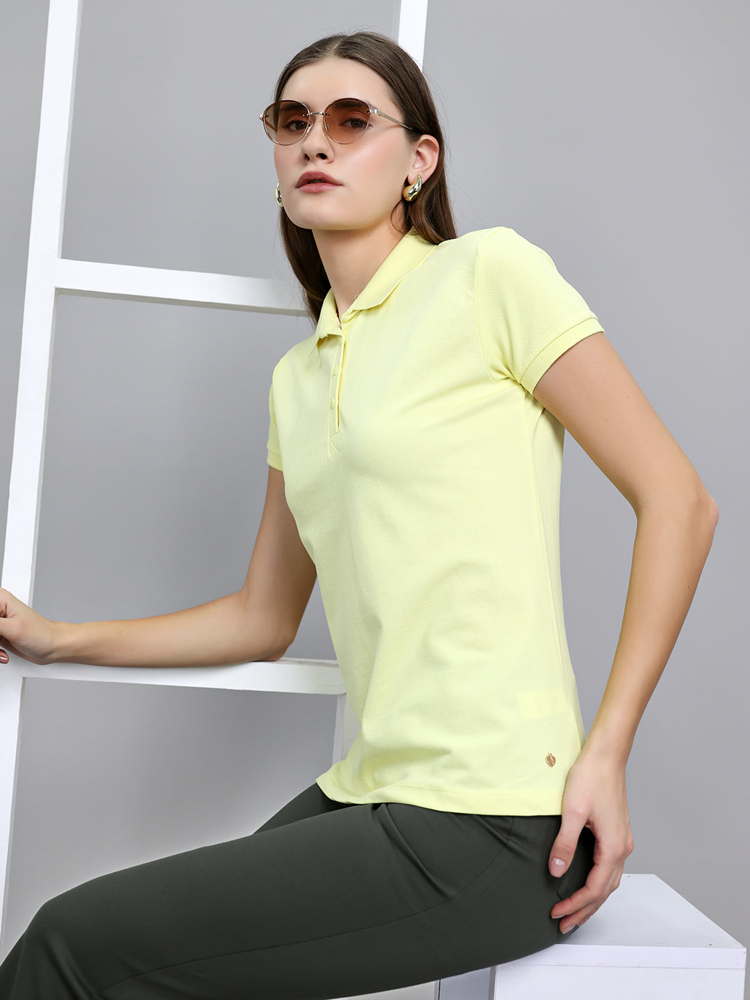 Women Yellow Solid Collar Half Sleeve T-Shirt