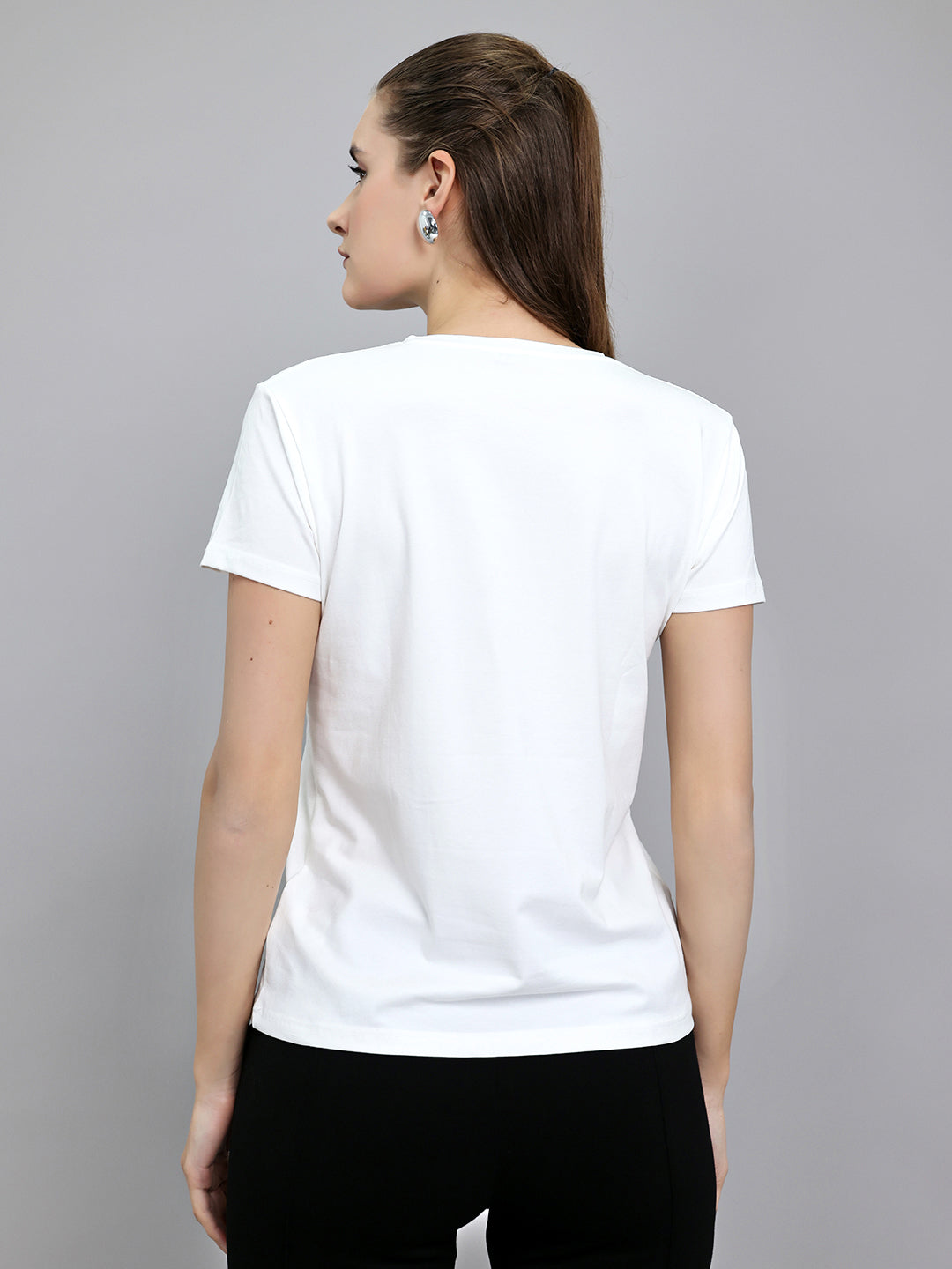 Women White Embroidered Round Neck Half Sleeve Top