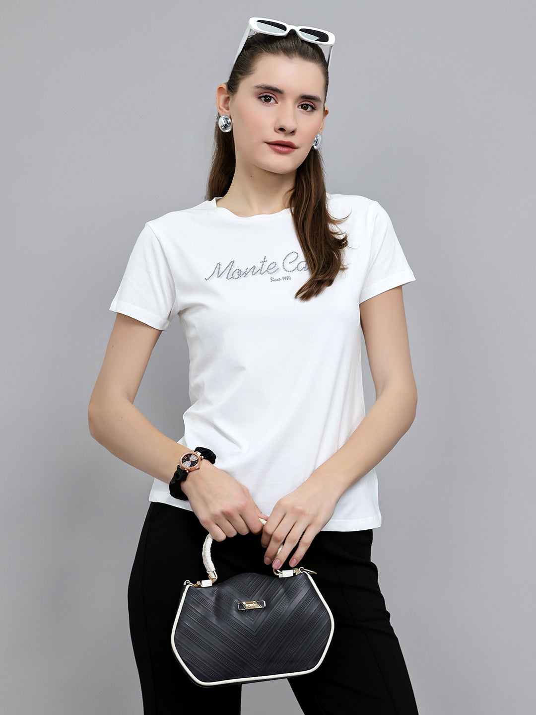 Women White Embroidered Round Neck Half Sleeve Top