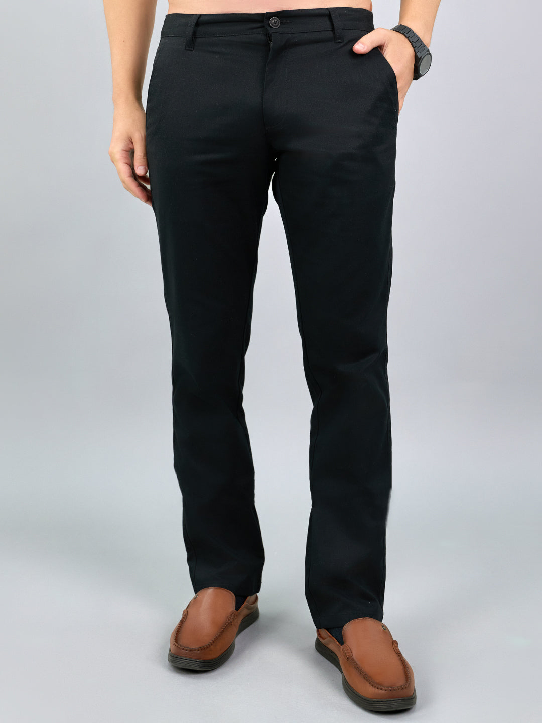Men Black Solid Regular Fit Trouser