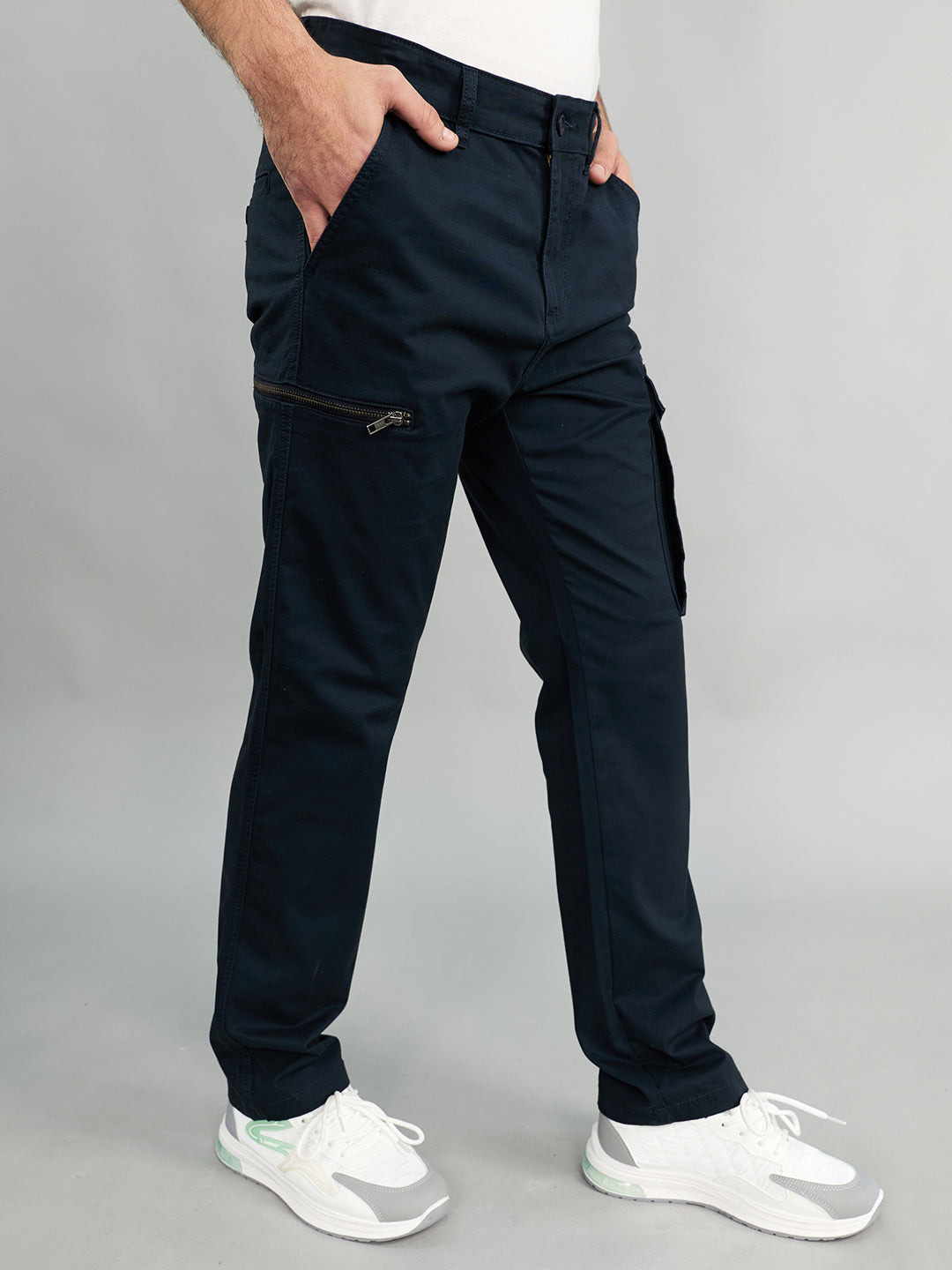 Men Navy Blue Solid Regular Fit Cargo