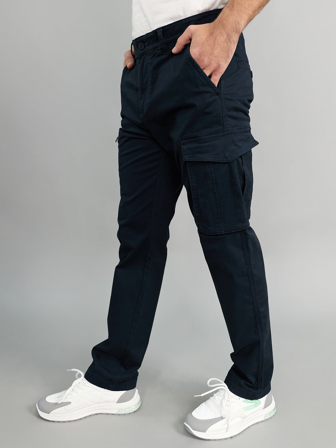 Men Navy Blue Solid Regular Fit Cargo