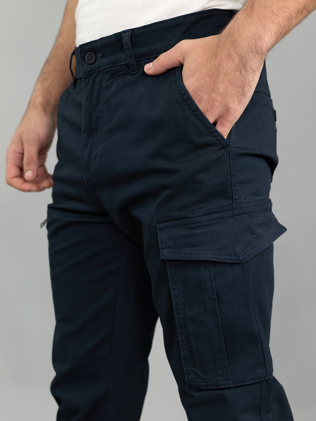 Men Navy Blue Solid Regular Fit Cargo