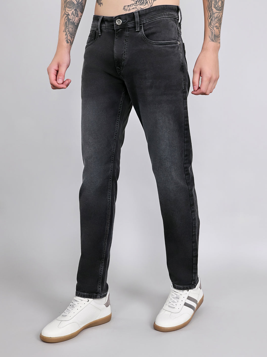 Men Grey Light Wash Straight Fit Denim