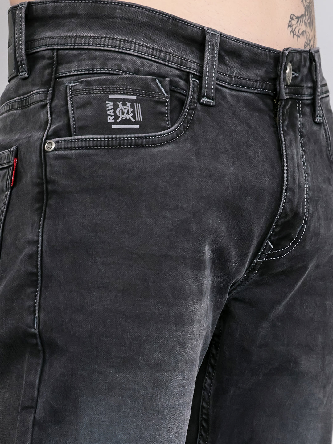 Men Grey Light Wash Straight Fit Denim