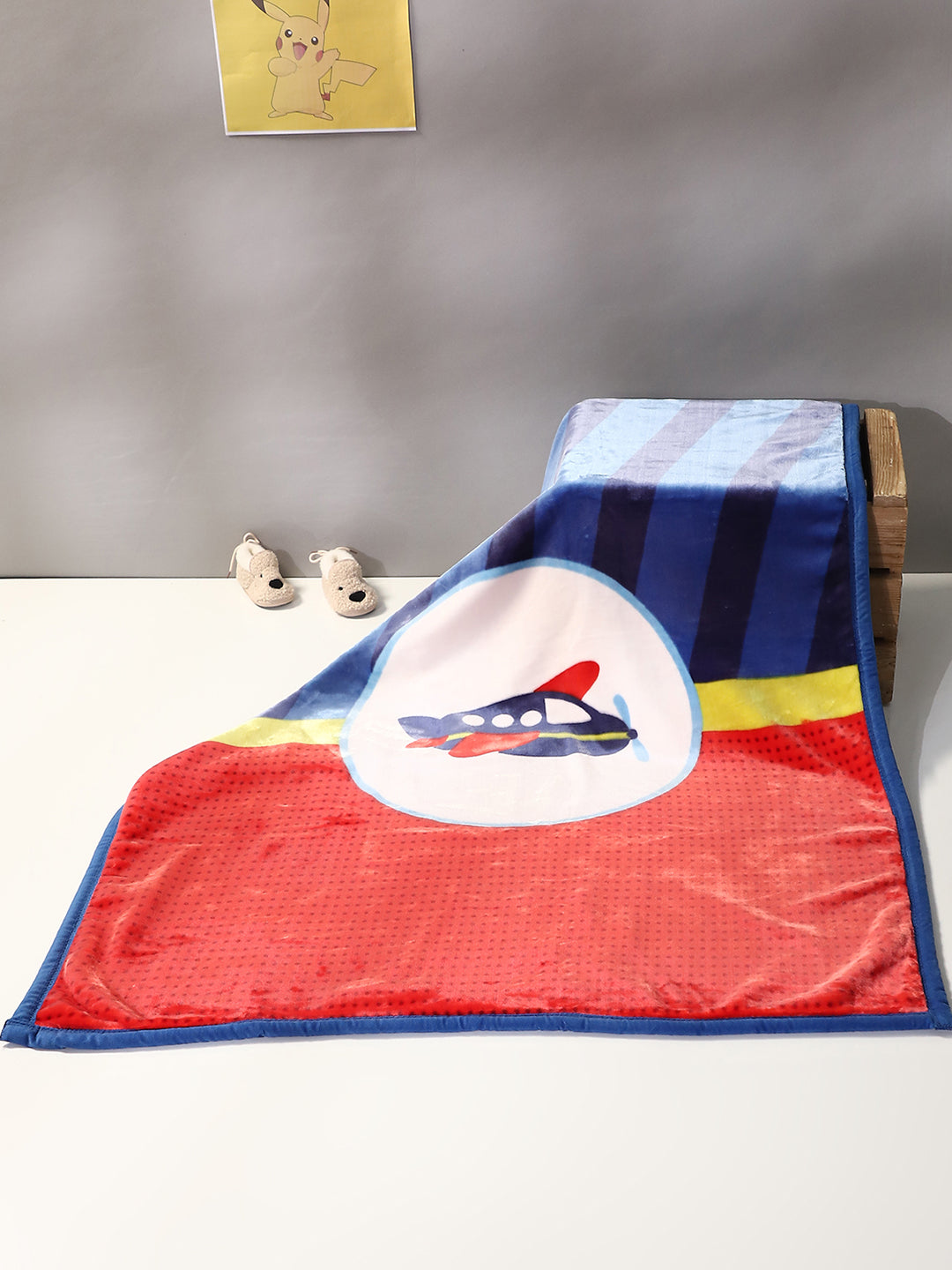 Cartoon Plane Printed Soft Plush Blue and Red Baby Blanket