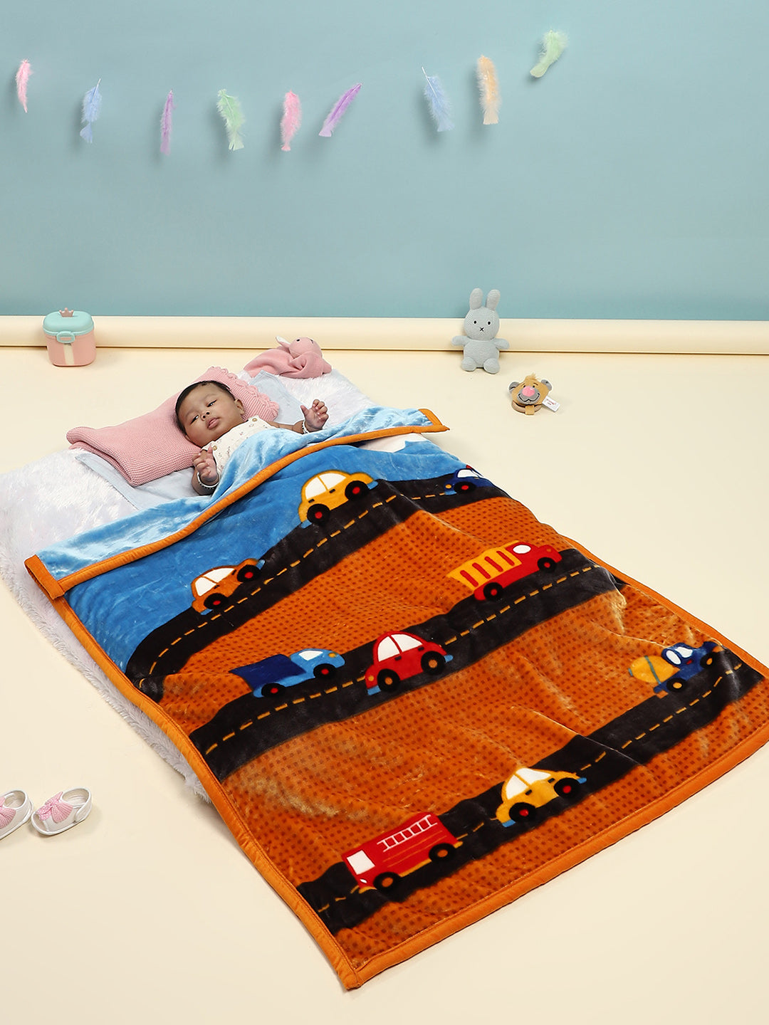 Cartoon Cars Printed Plush Orange Baby Blanket