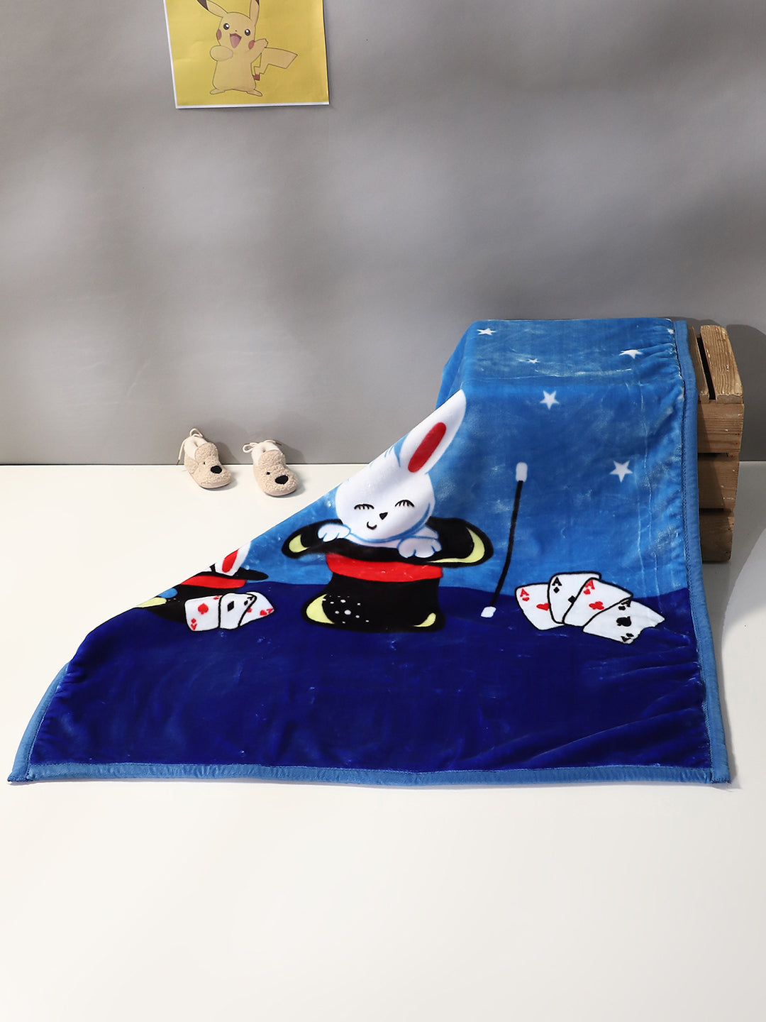 Cartoon Rabbit Printed Plush Blue Baby Blanket