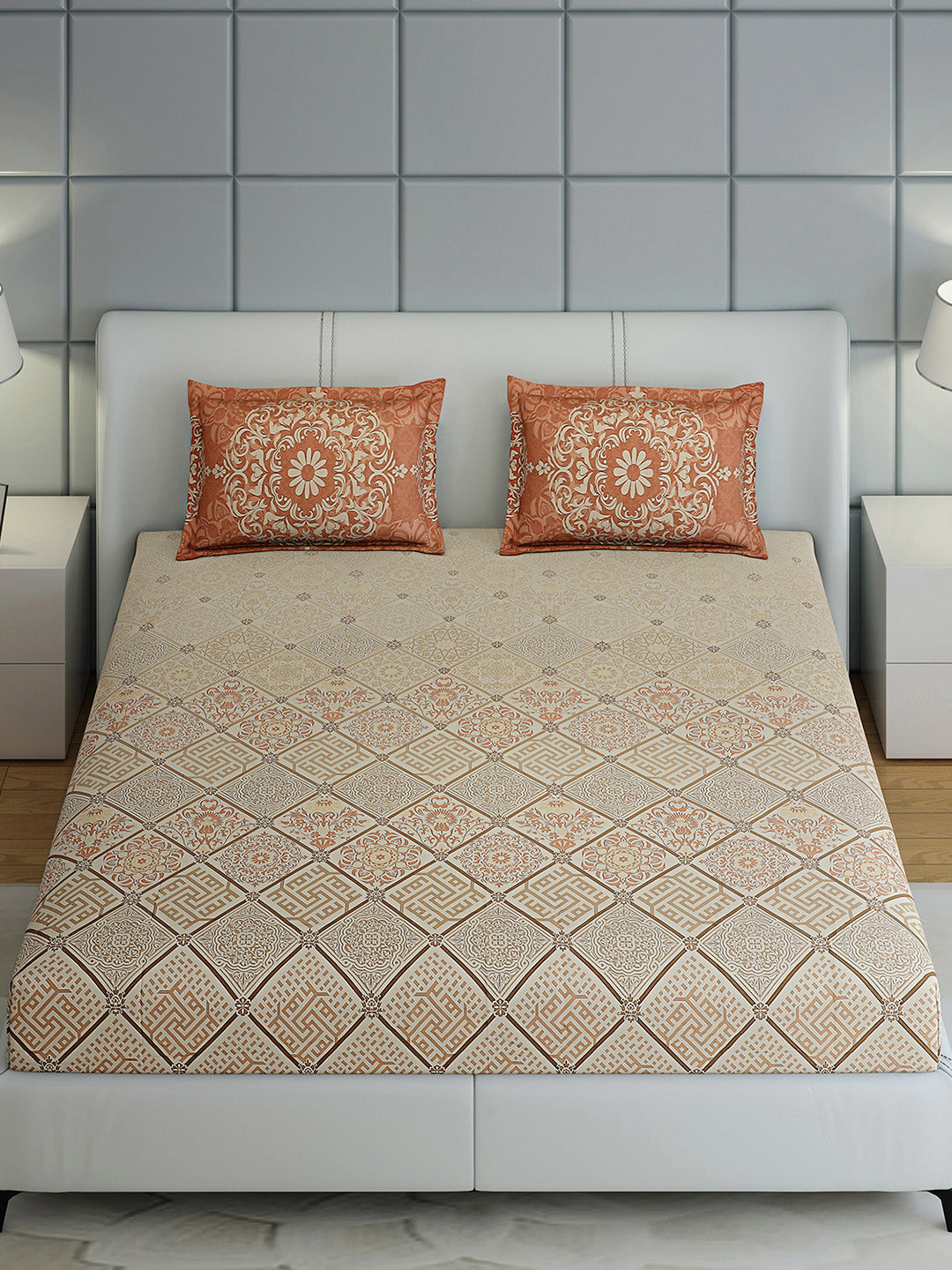 300 TC Cotton Double Bed 1 Bedsheet with 2 Pillow Covers (Morocan)