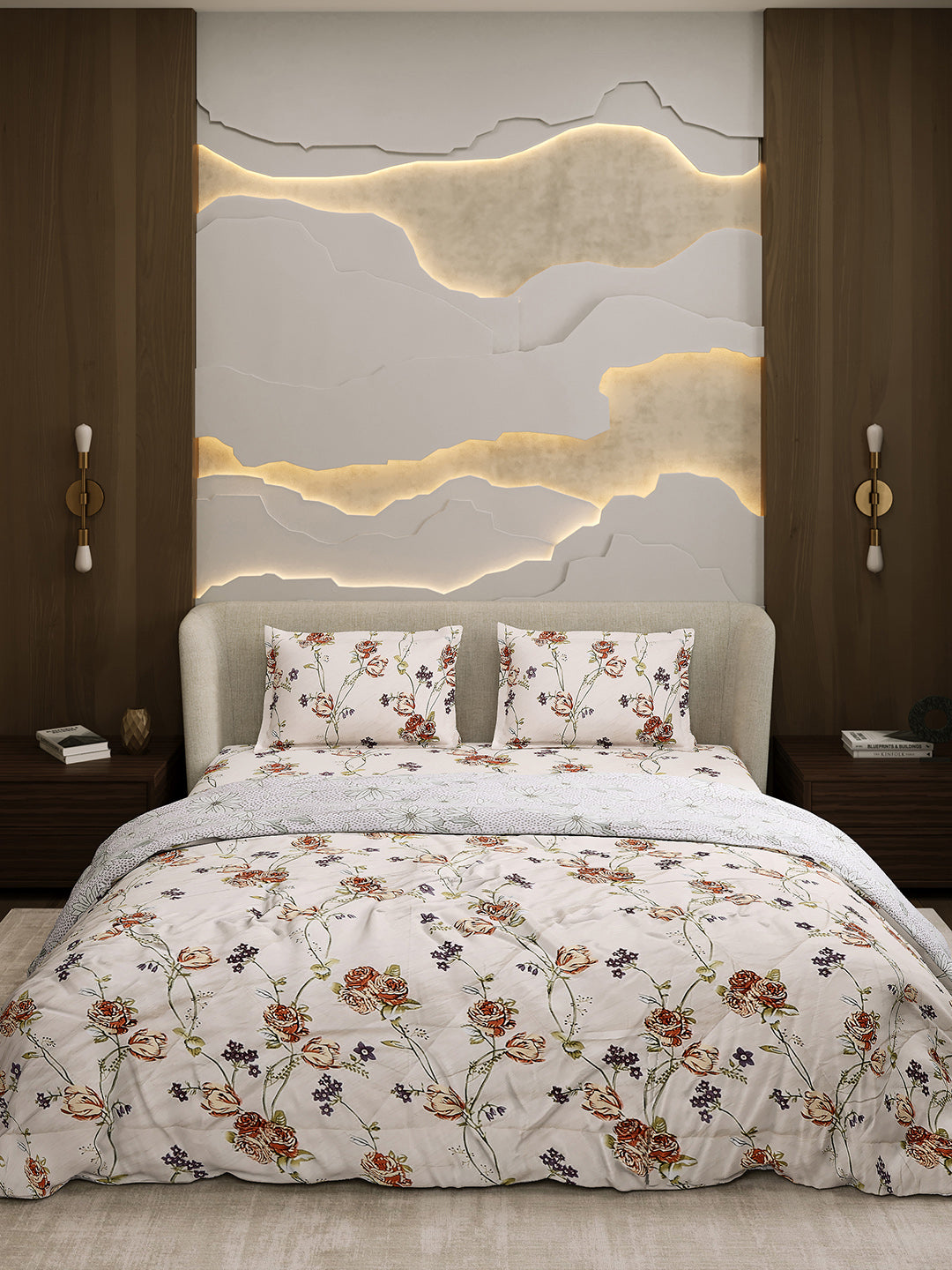 Printed Double Bed 130 GSM 4 Pc Bedding Set (1 Bedsheet, 1 AC Comforter & 2 Pillow Cover)