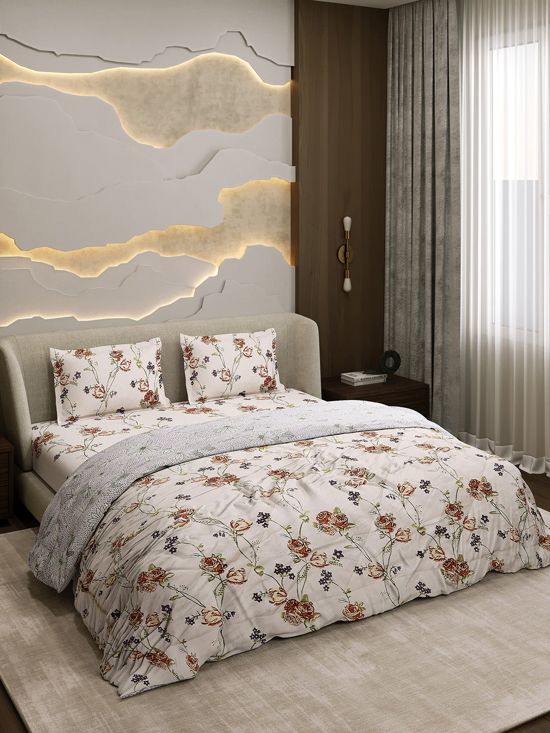 Printed Double Bed 130 GSM 4 Pc Bedding Set (1 Bedsheet, 1 AC Comforter & 2 Pillow Cover)