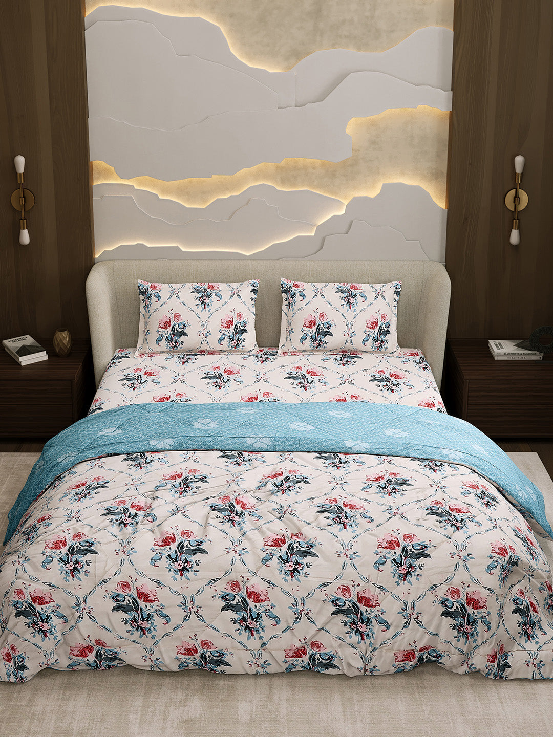 Printed Double Bed 130 GSM 4 Pc Bedding Set (1 Bedsheet, 1 AC Comforter & 2 Pillow Cover)