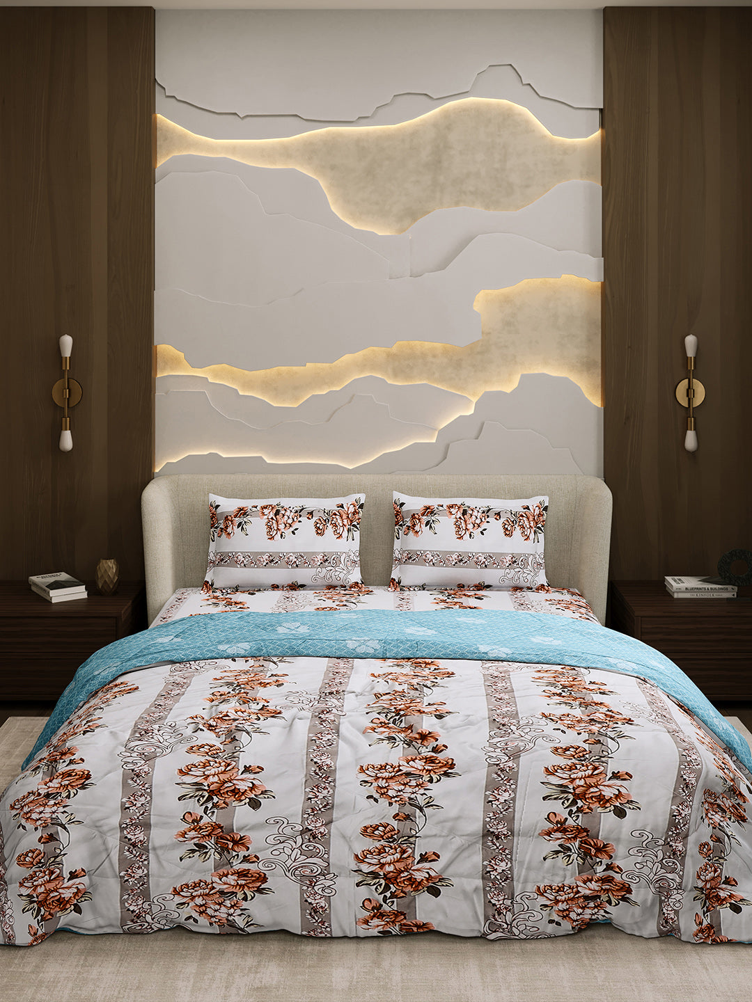 Printed Double Bed 130 GSM 4 Pc Bedding Set (1 Bedsheet, 1 AC Comforter & 2 Pillow Cover)