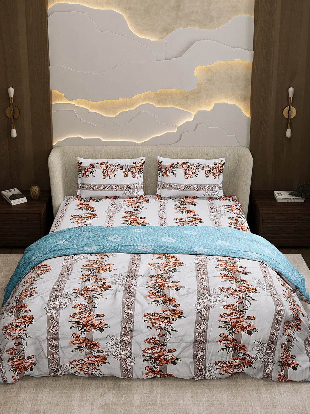 Printed Double Bed 130 GSM 4 Pc Bedding Set (1 Bedsheet, 1 AC Comforter & 2 Pillow Cover)